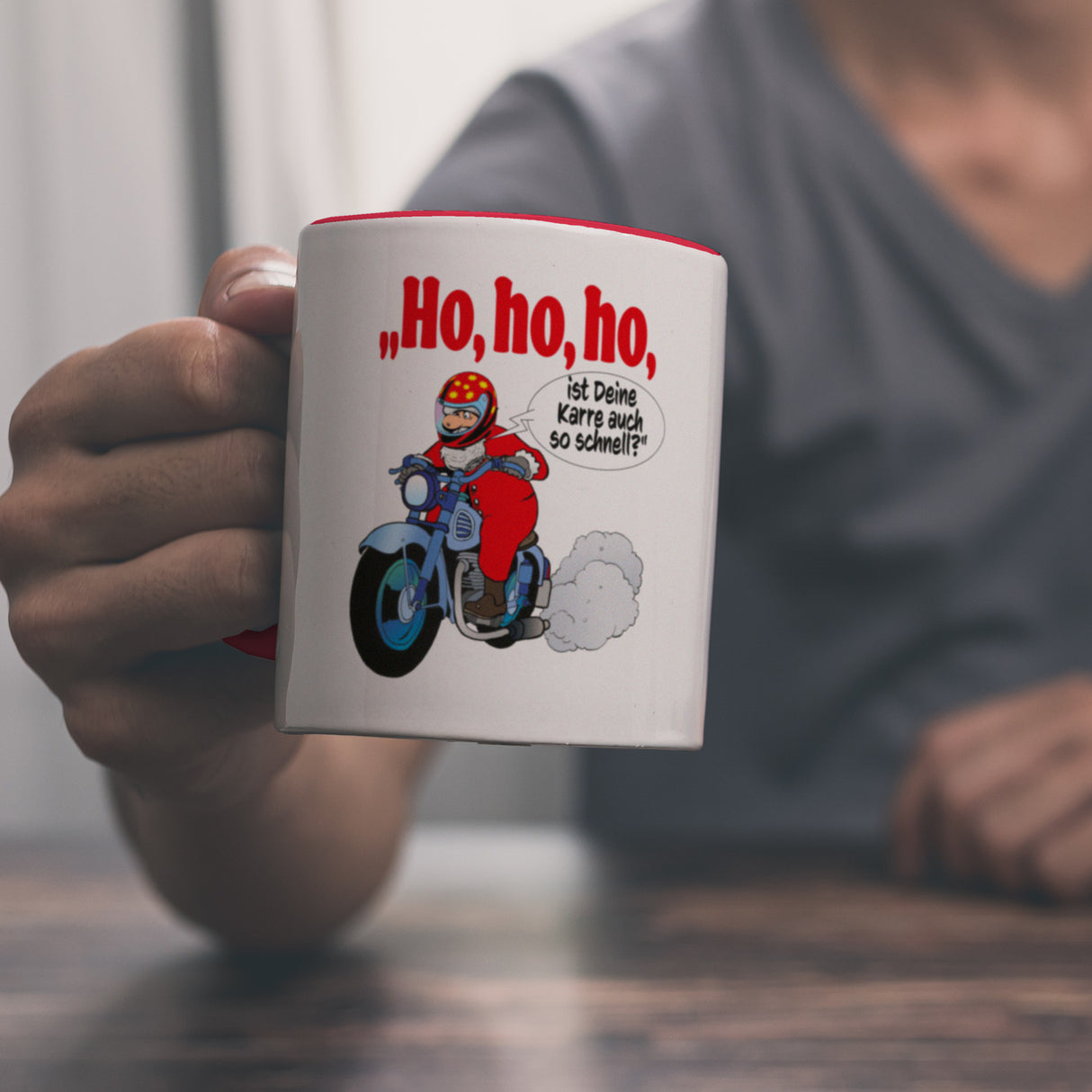 Kaffeebecher zum Thema Weihnachten mit Nikolaus auf dem Motorrad Motiv