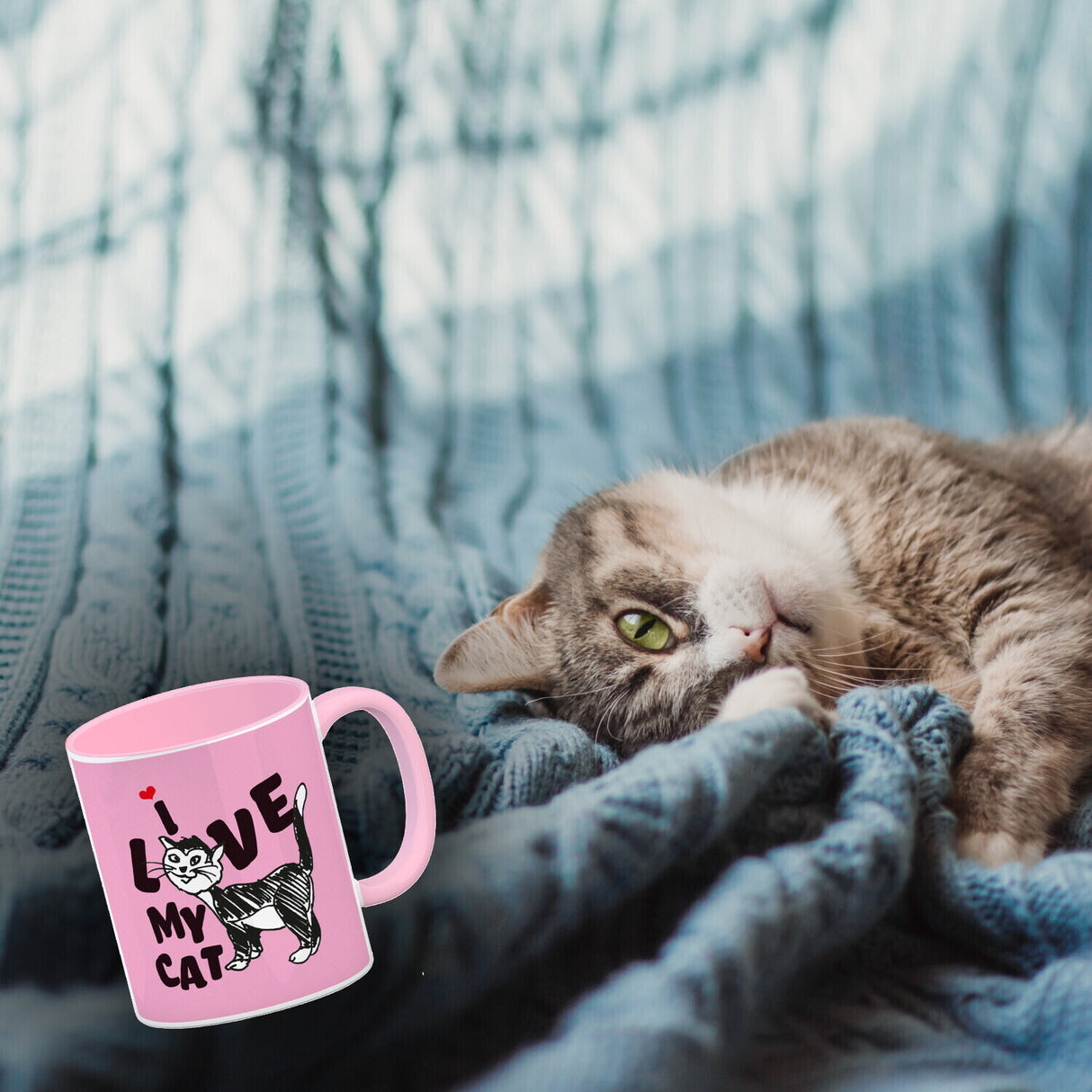 Ich liebe meine Katze Kaffeebecher mit Katzen Motiv und Rosa Hintergrund