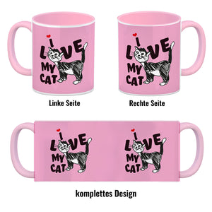 Ich liebe meine Katze Kaffeebecher mit Katzen Motiv und Rosa Hintergrund