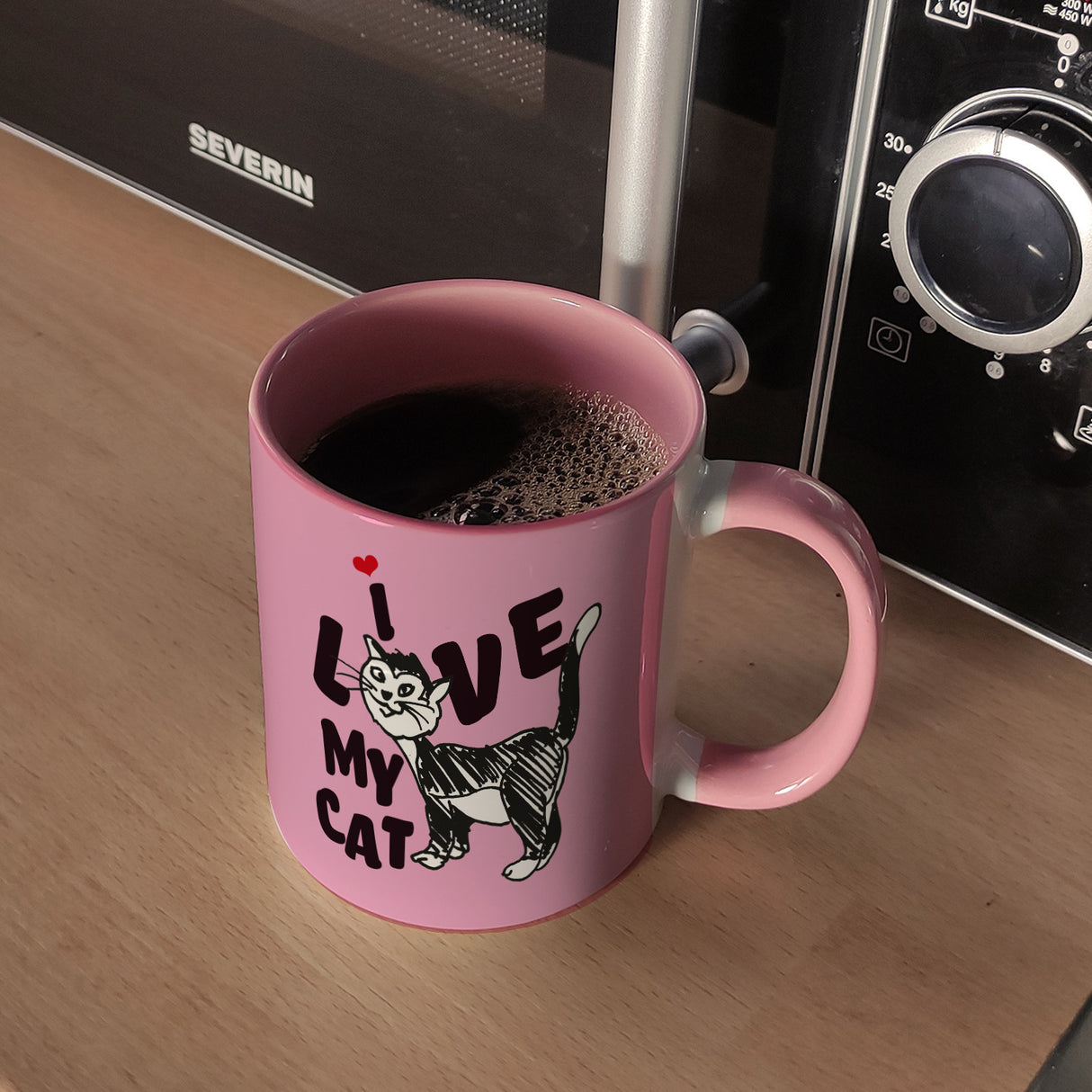 Ich liebe meine Katze Kaffeebecher mit Katzen Motiv und Rosa Hintergrund