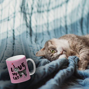 Ich liebe meine Katze Kaffeebecher mit Katzen Motiv und Rosa Hintergrund