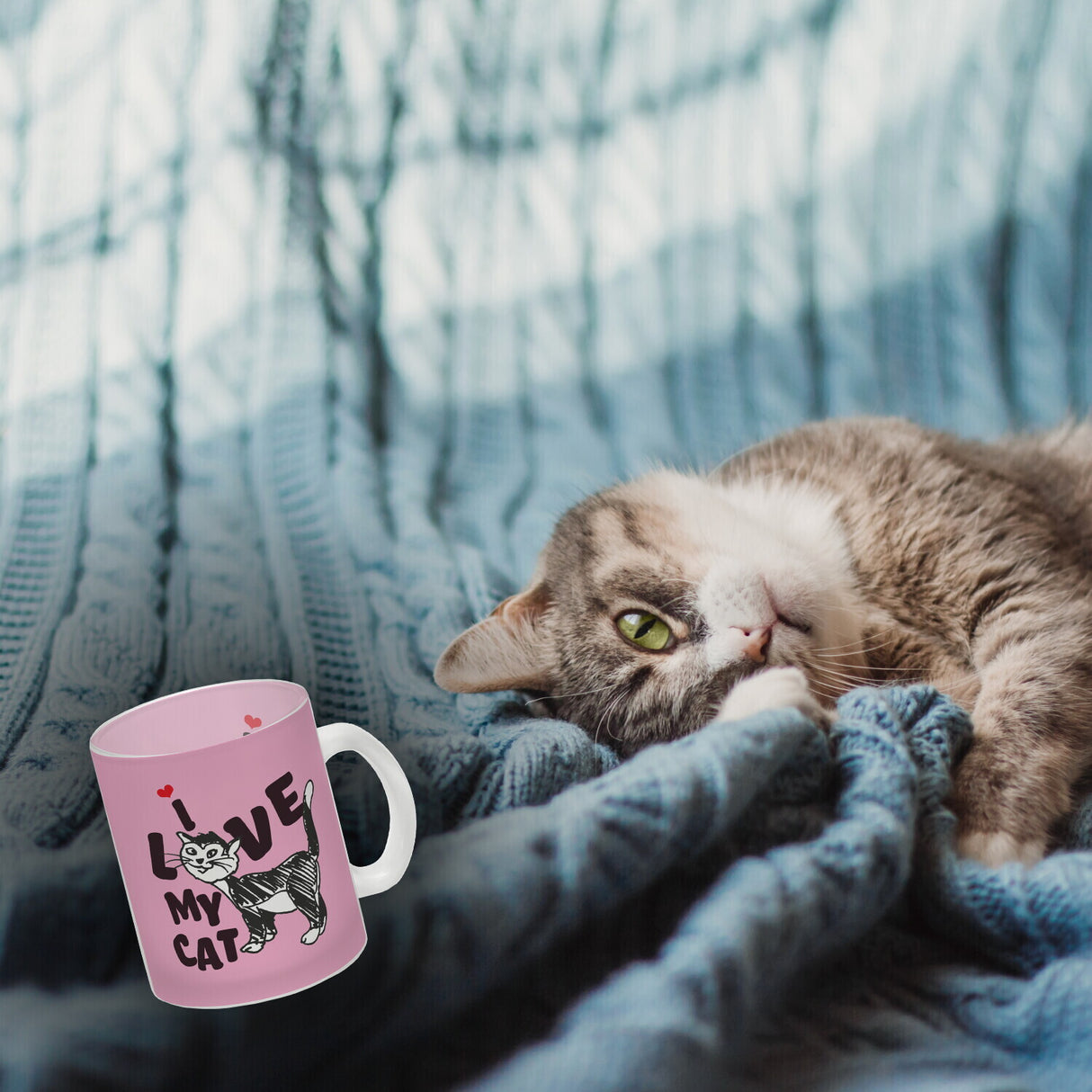 Ich liebe meine Katze Kaffeebecher mit Katzen Motiv und Rosa Hintergrund
