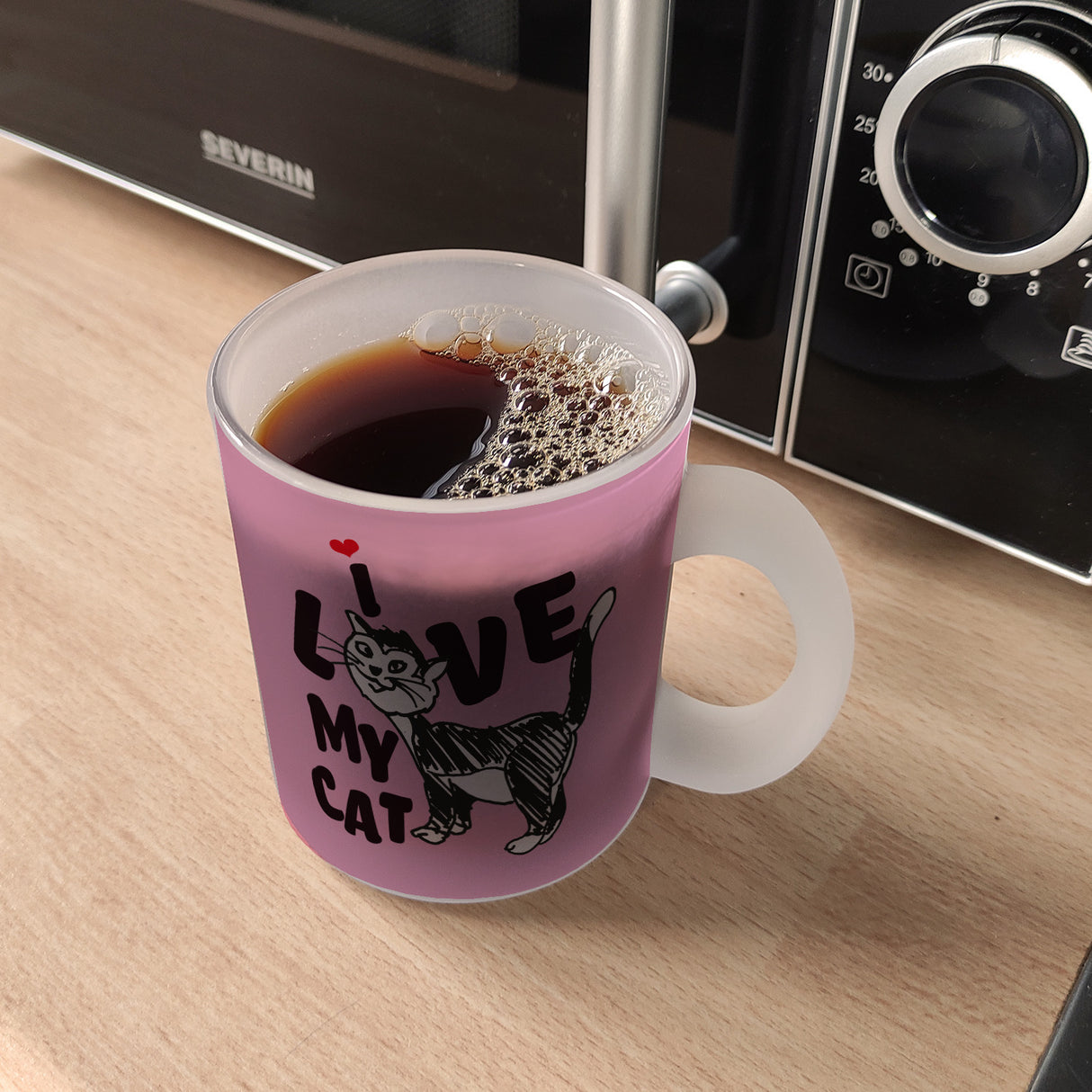 Ich liebe meine Katze Kaffeebecher mit Katzen Motiv und Rosa Hintergrund