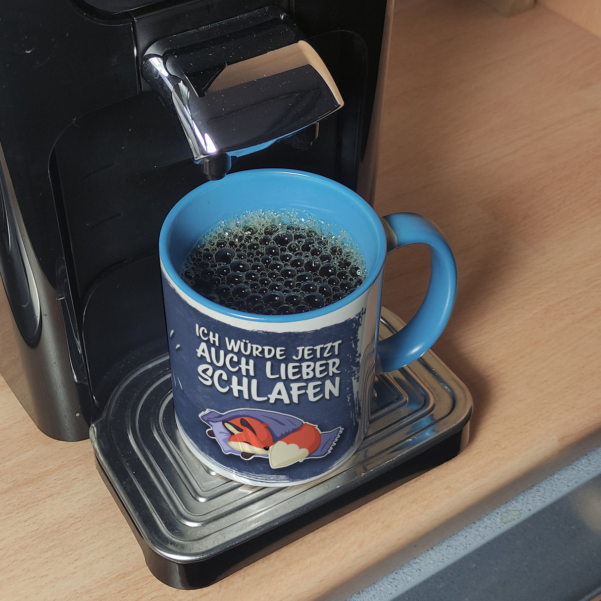 Ich würde jetzt auch lieber schlafen Kaffeebecher mit süßem Cartoon Fuchs