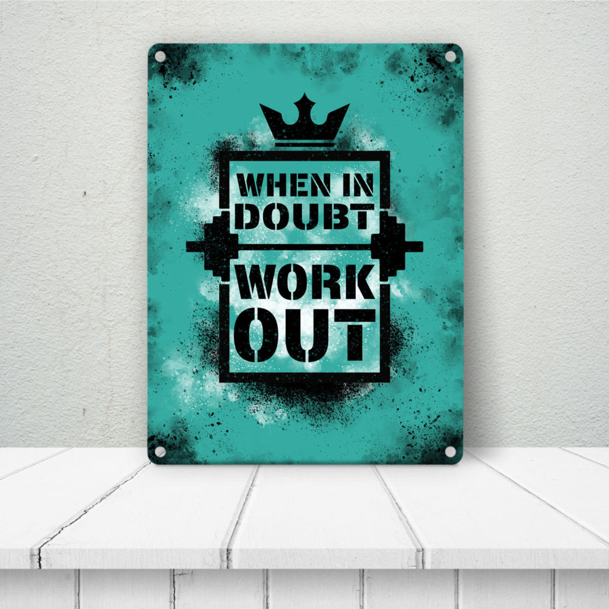 When in doubt Work out Metallschild mit motivierendem Spruch in {Gelb}