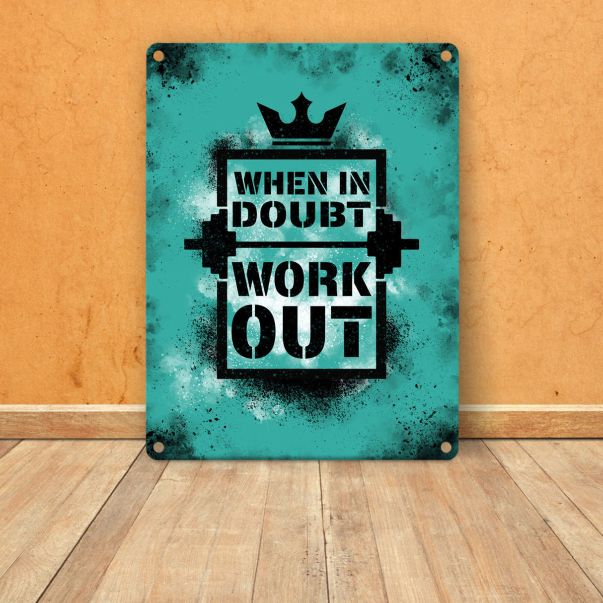 When in doubt Work out Metallschild mit motivierendem Spruch in {Gelb}