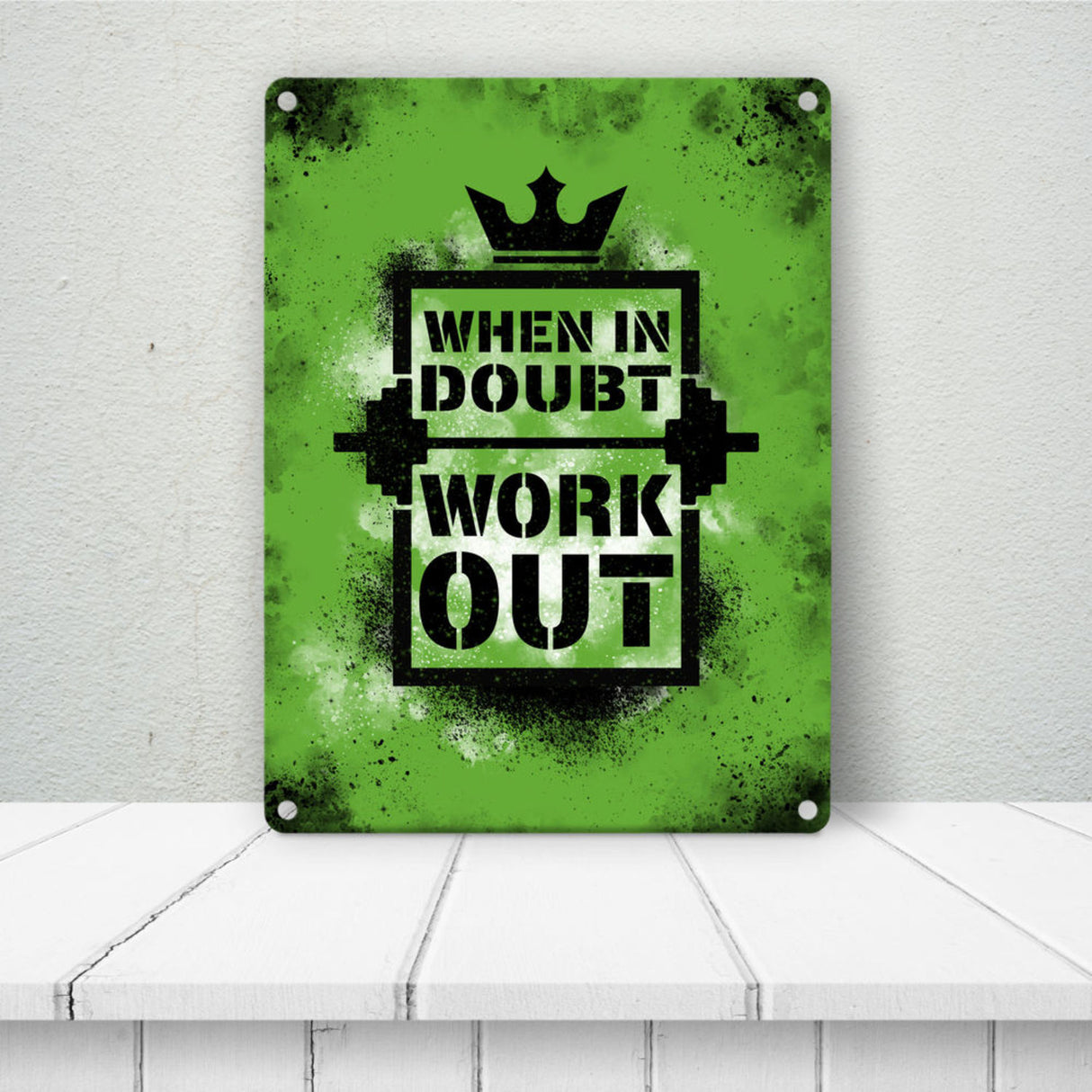 When in doubt Work out Metallschild mit motivierendem Spruch in {Gelb}