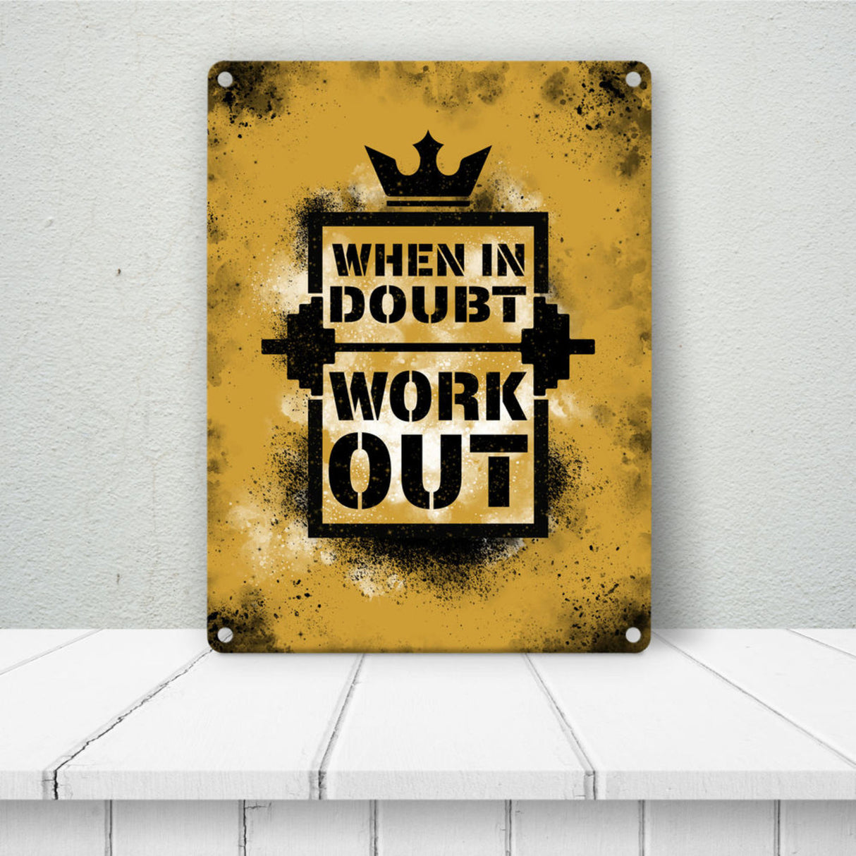 When in doubt Work out Metallschild mit motivierendem Spruch in {Gelb}