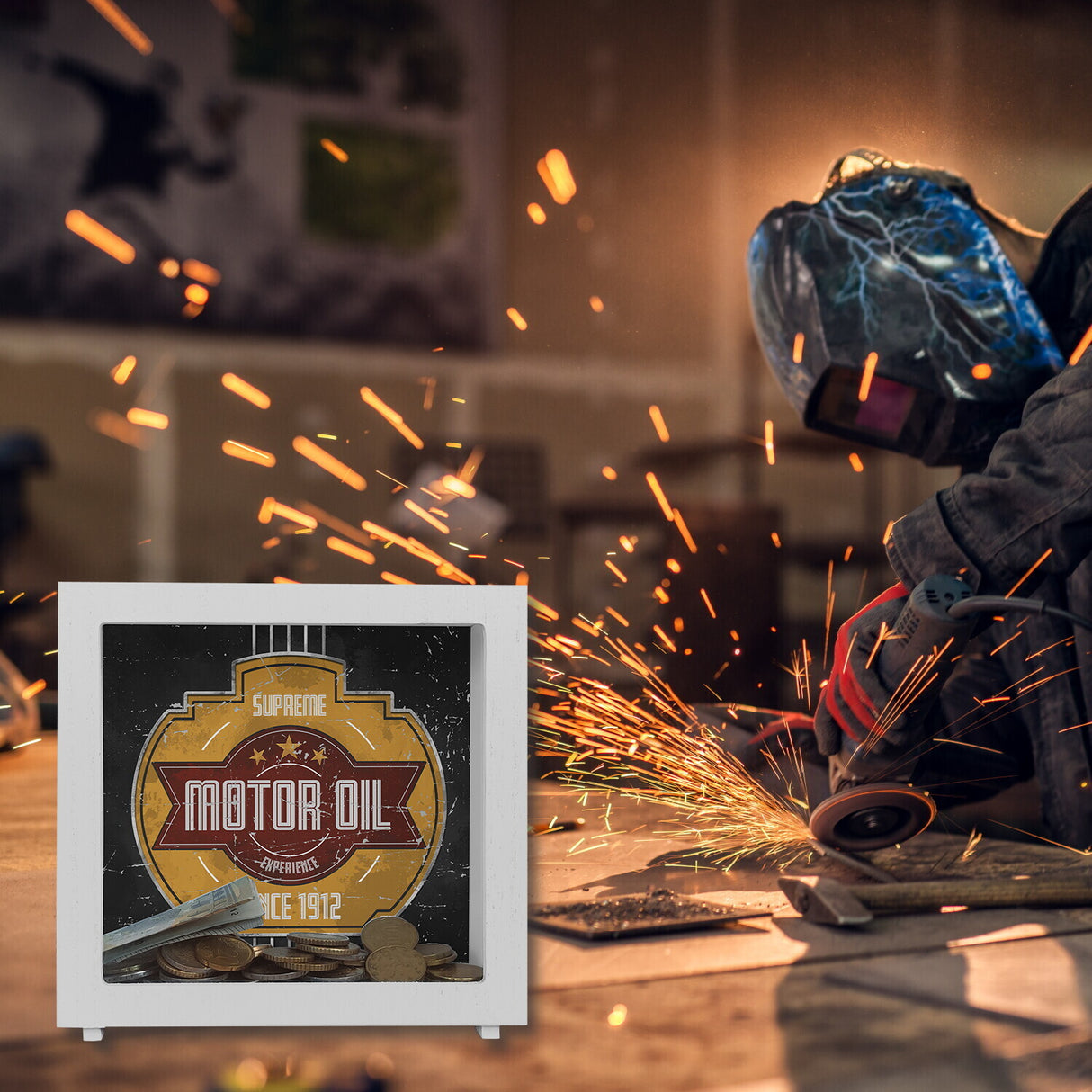 Motor Oil Benzin Spardose im Used-Look