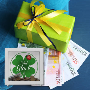 Viel Glück Spardose mit Kleeblatt und Marienkäfer