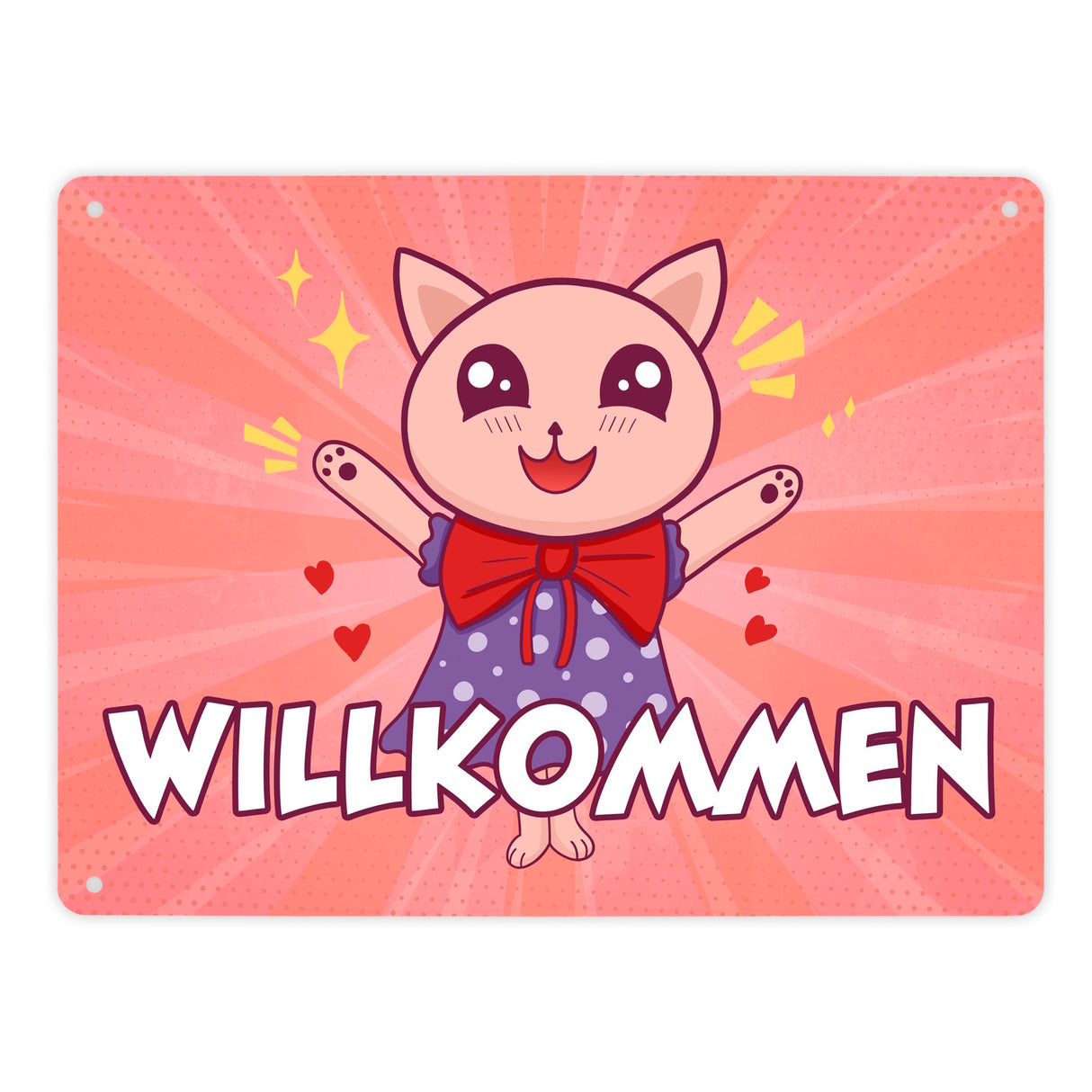 Willkommen Metallschild mit süßem Manga Kätzchen