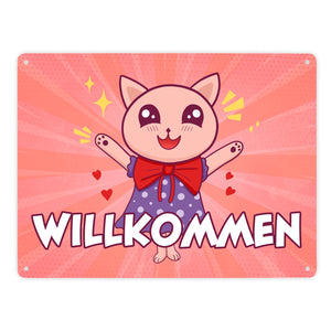 Willkommen Metallschild mit süßem Manga Kätzchen
