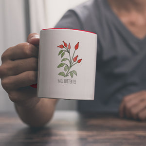 Hagebuttentee Teetasse mit Hagebuttenpflanze für Teetrinker