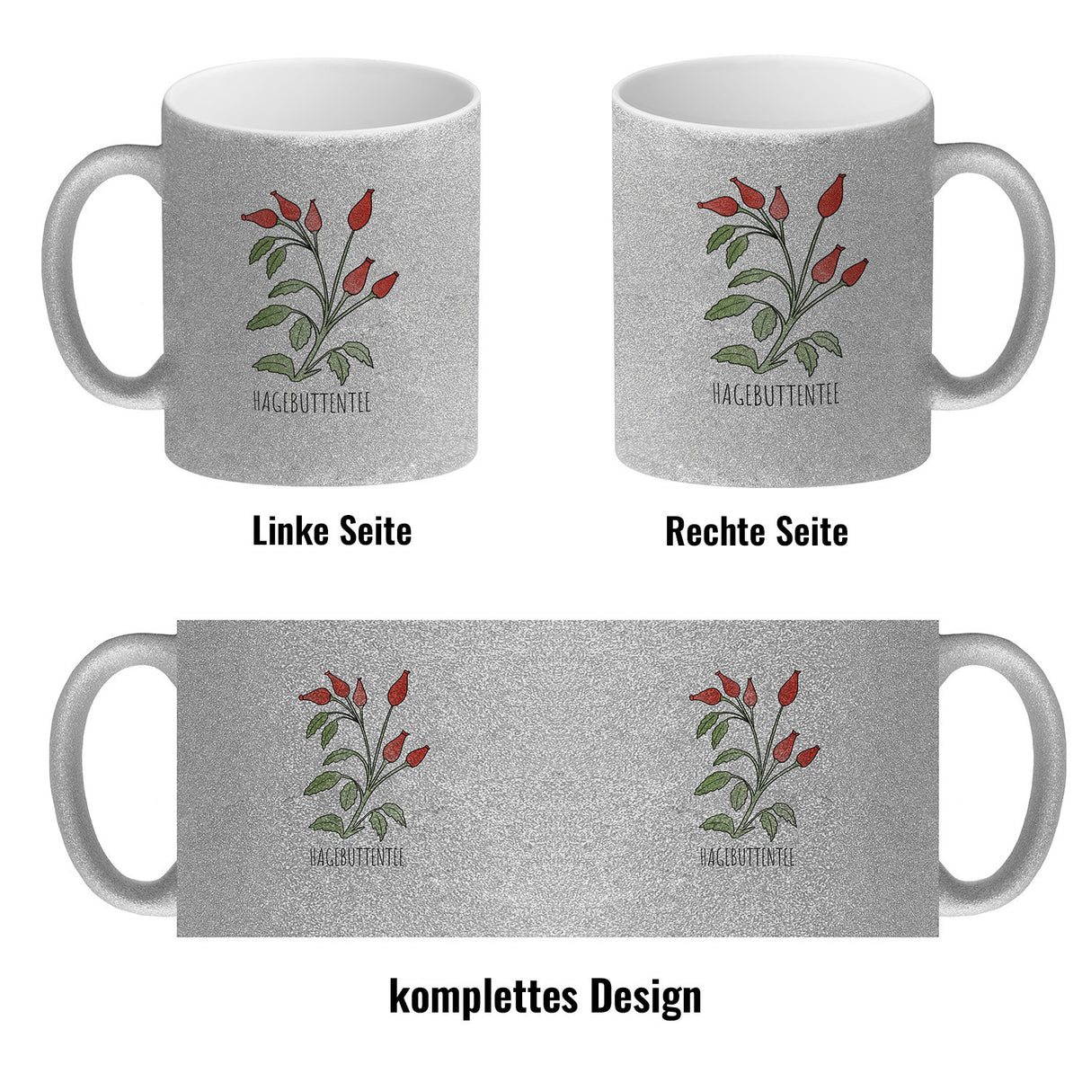 Hagebuttentee Teetasse mit Hagebuttenpflanze für Teetrinker