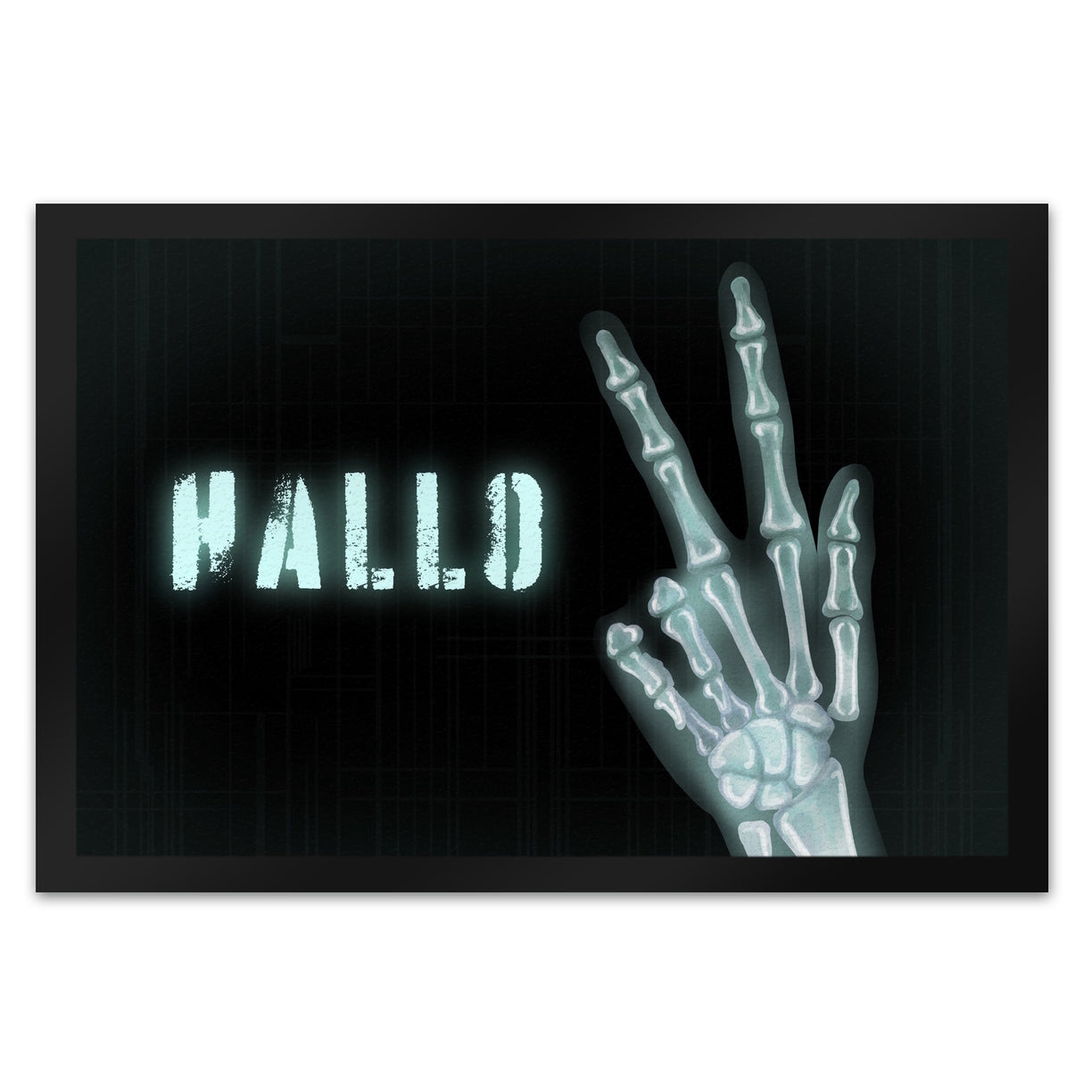 Hallo Fußmatte mit Röntgenbild von Hand mit Peacezeichen