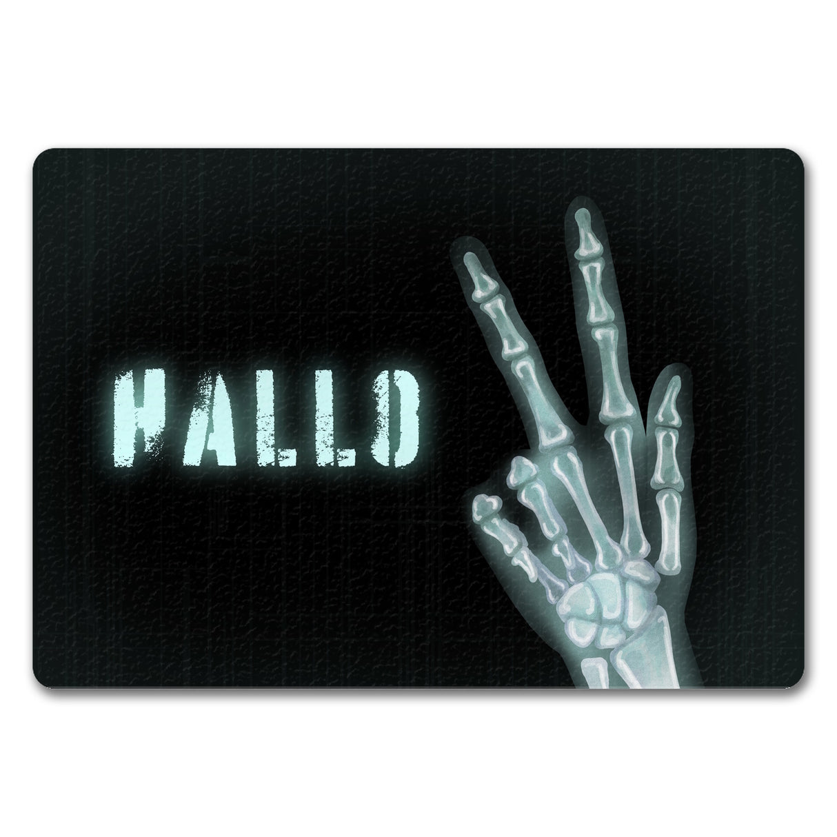 Hallo Fußmatte mit Röntgenbild von Hand mit Peacezeichen
