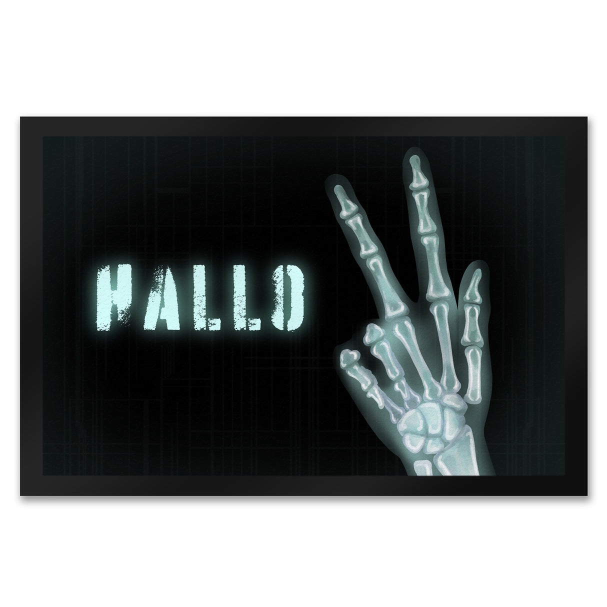 Hallo Fußmatte mit Röntgenbild von Hand mit Peacezeichen
