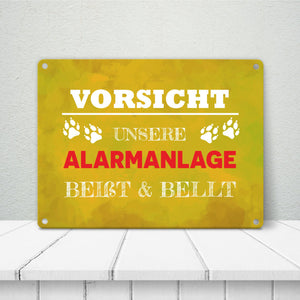 Vorsicht unsere Alarmanlage beißt & bellt Metallschild