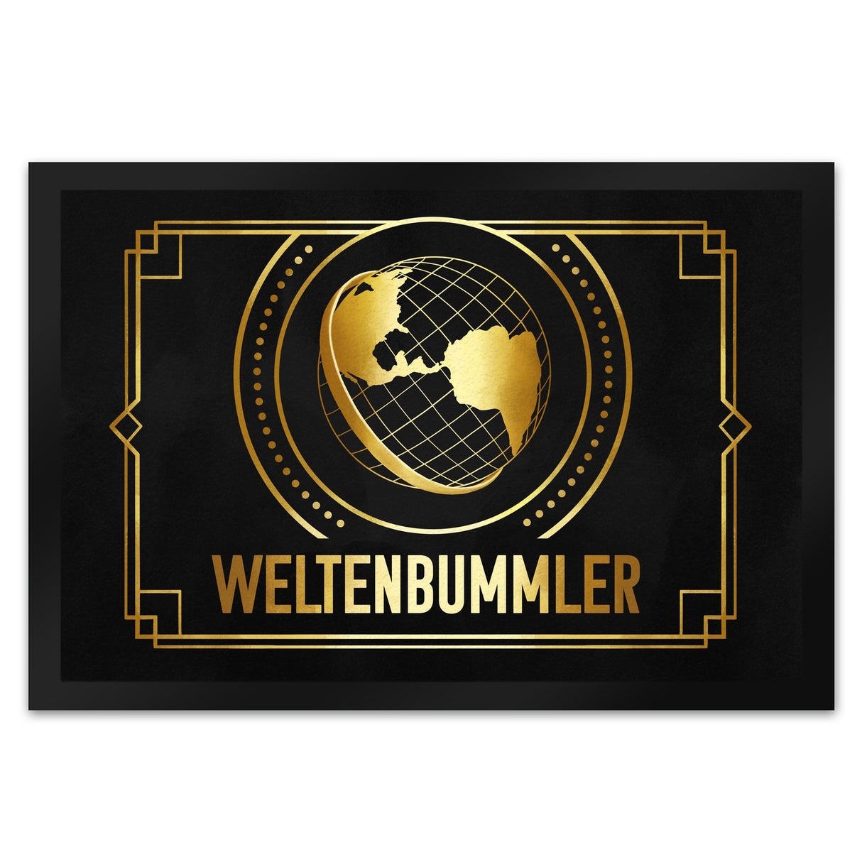 Weltenbummler Fußmatte mit goldenem Globus und Reisemotiv