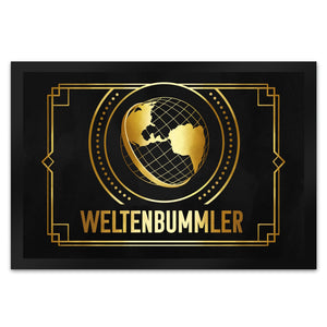 Weltenbummler Fußmatte mit goldenem Globus und Reisemotiv