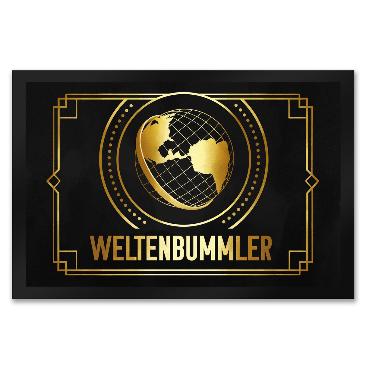Weltenbummler Fußmatte mit goldenem Globus und Reisemotiv