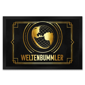 Weltenbummler Fußmatte mit goldenem Globus und Reisemotiv