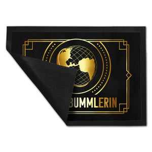 Weltenbummler Fußmatte mit goldenem Globus und Reisemotiv