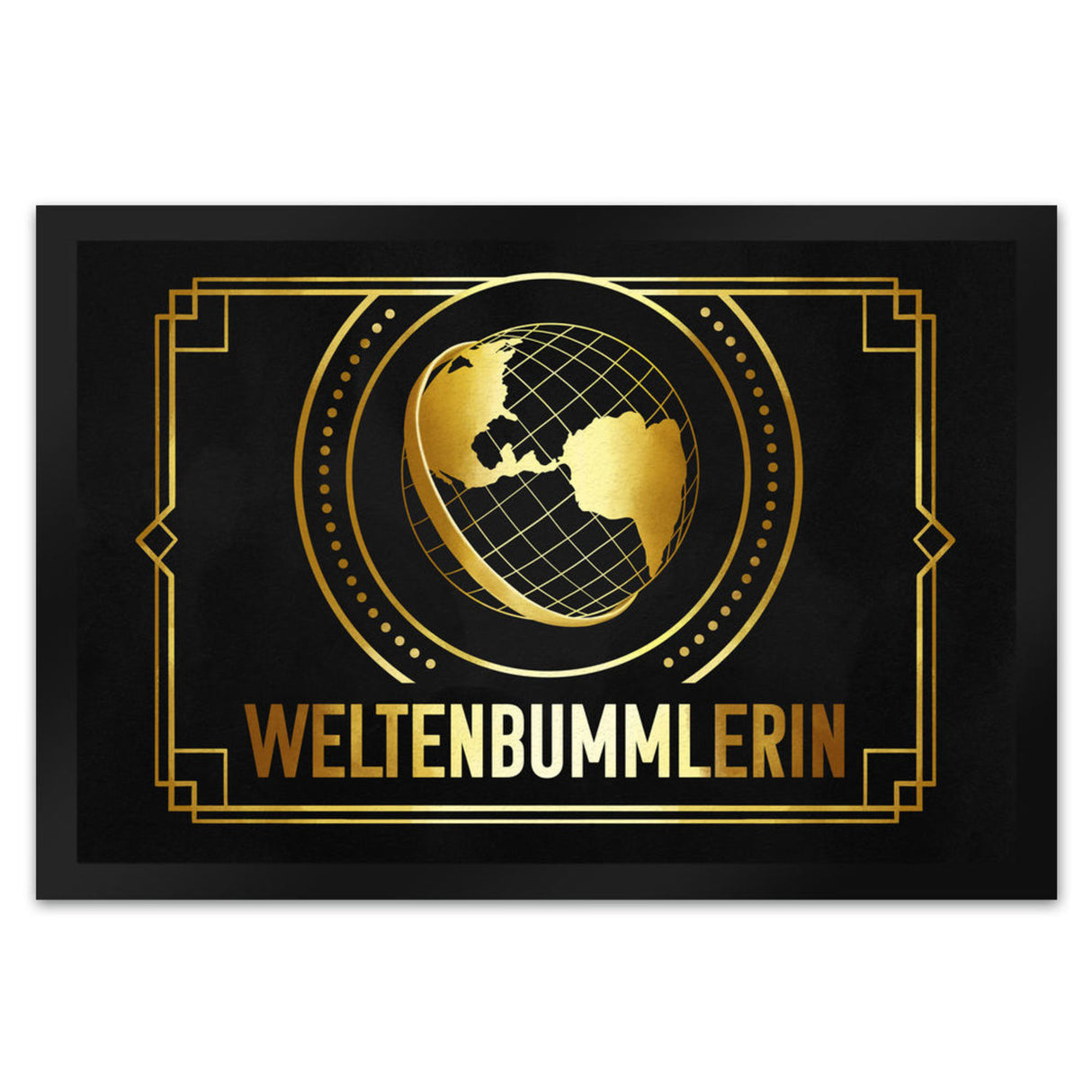 Weltenbummler Fußmatte mit goldenem Globus und Reisemotiv