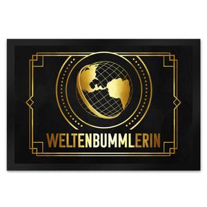 Weltenbummler Fußmatte mit goldenem Globus und Reisemotiv