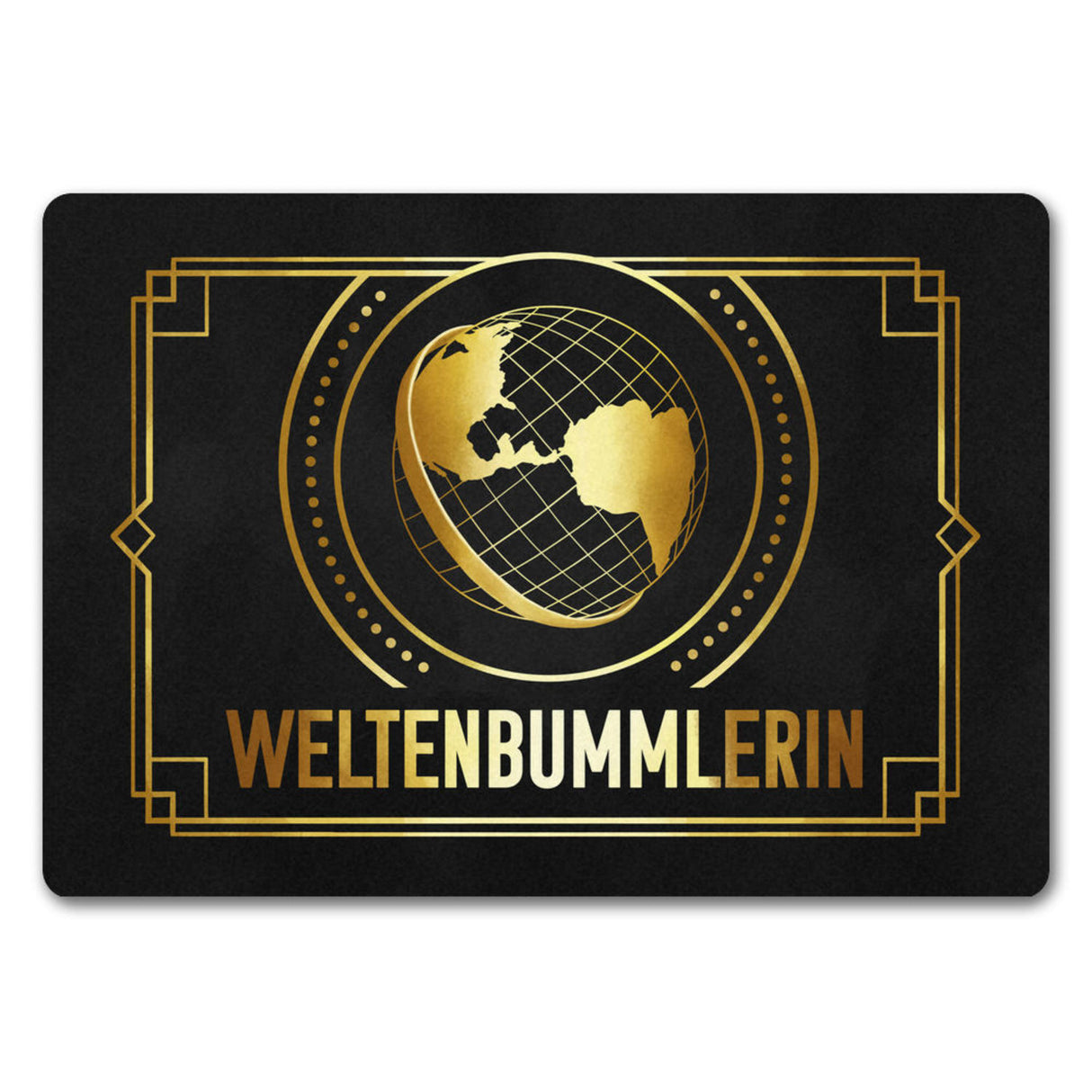 Weltenbummler Fußmatte mit goldenem Globus und Reisemotiv
