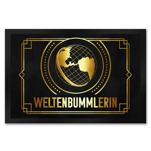 Weltenbummler Fußmatte mit goldenem Globus und Reisemotiv