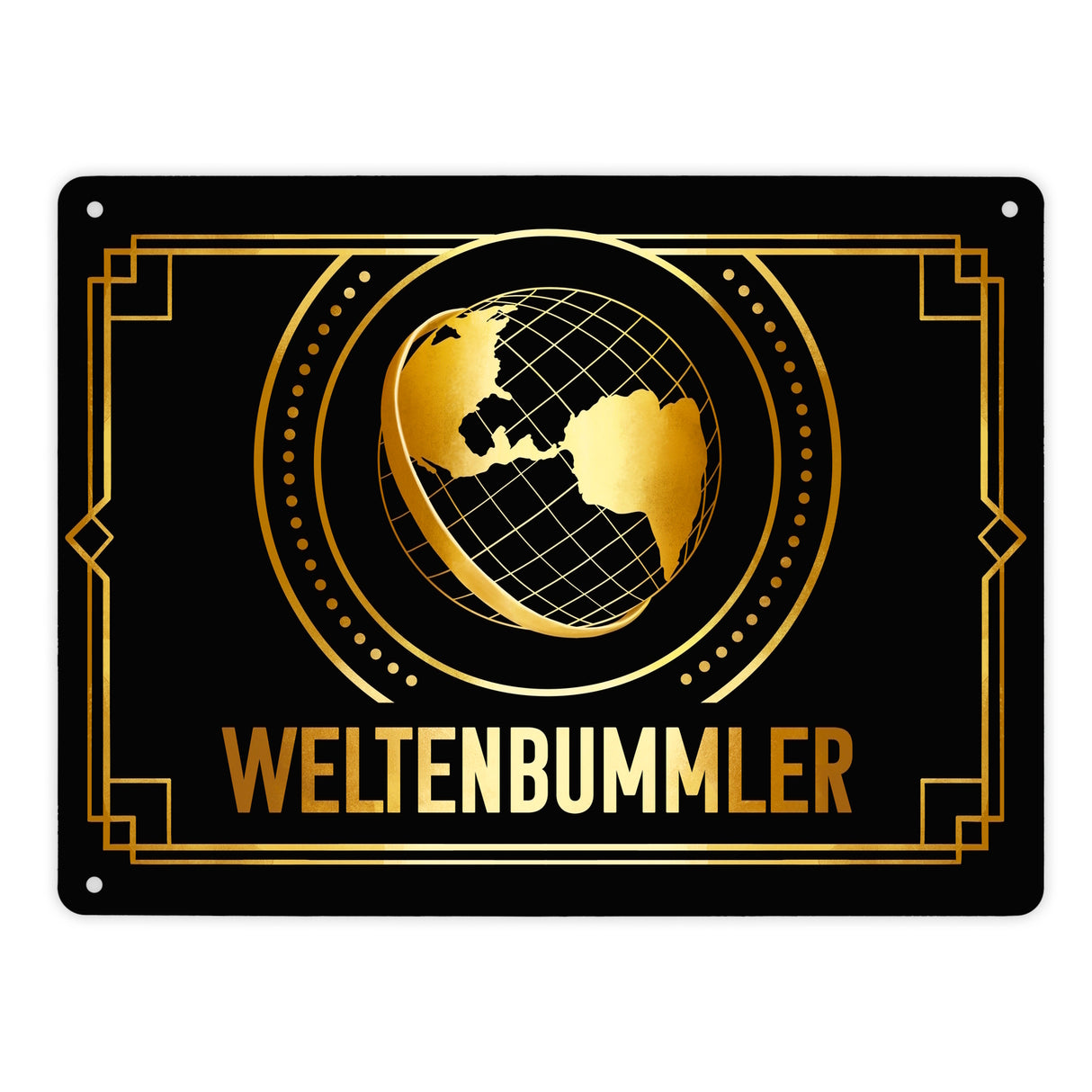 Weltenbummler Metallschild mit goldenem Globus und Reisemotiv
