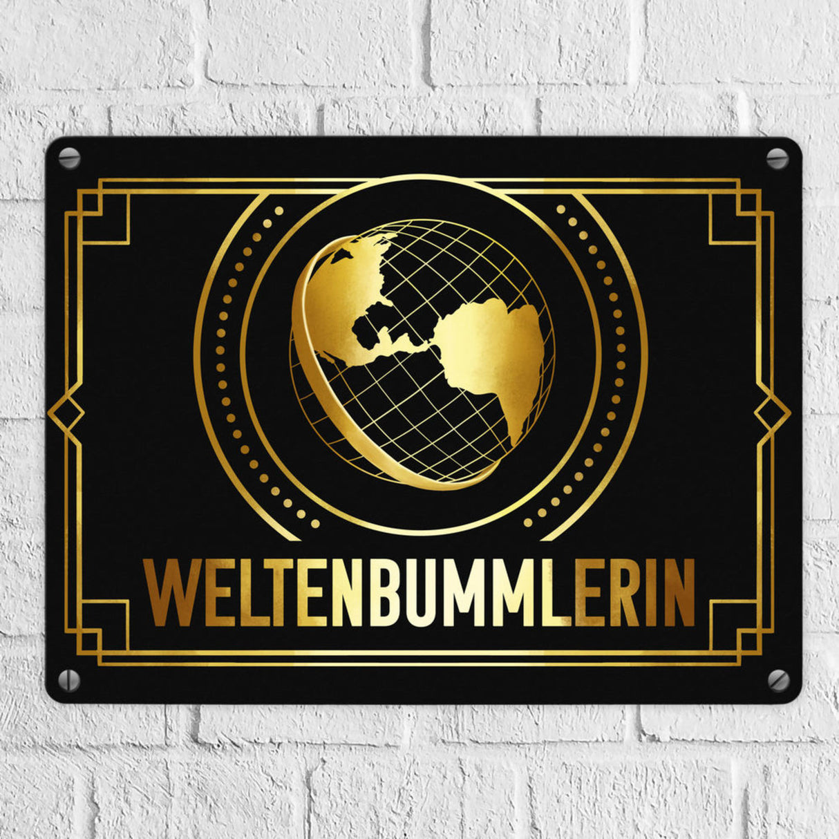 Weltenbummler Metallschild mit goldenem Globus und Reisemotiv