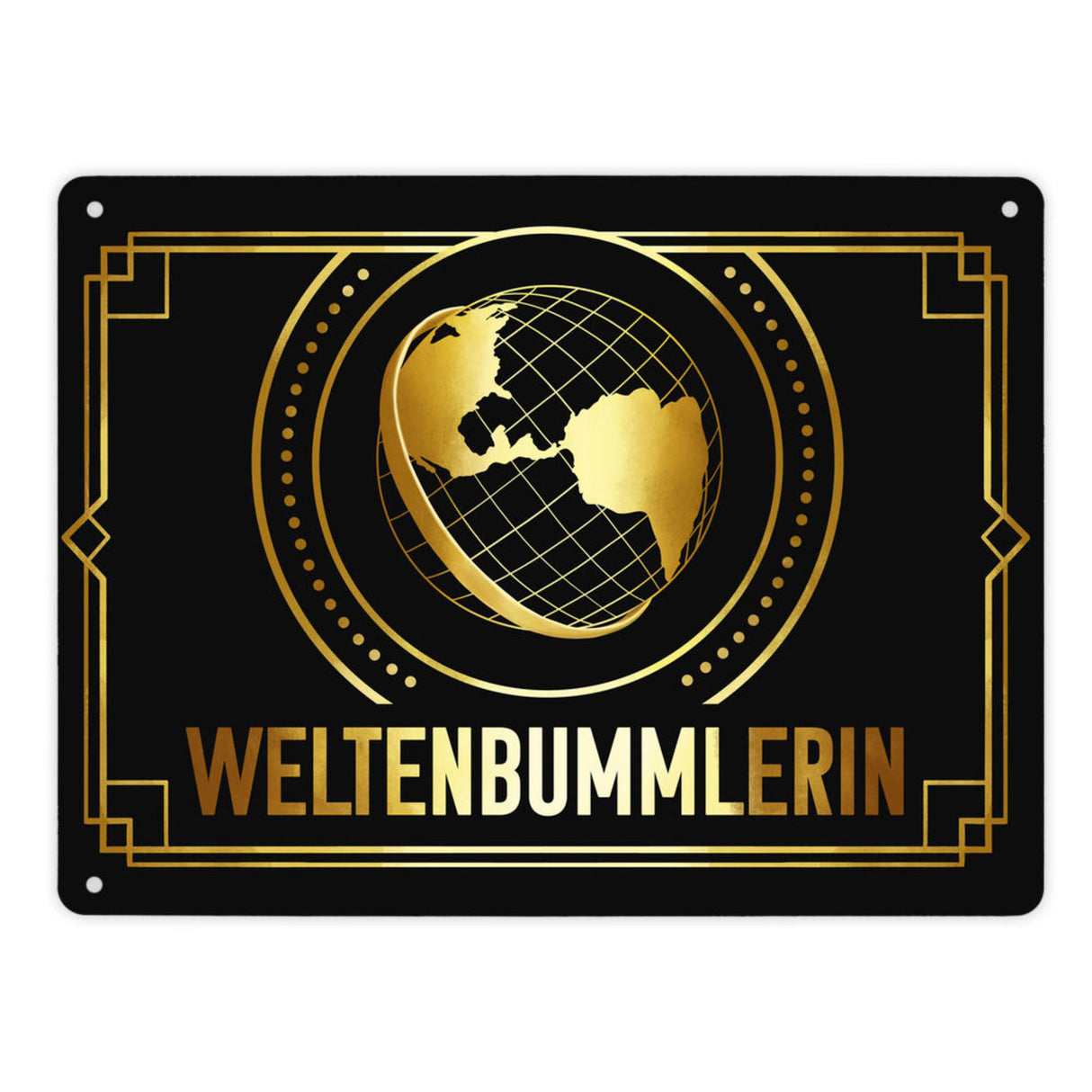Weltenbummler Metallschild mit goldenem Globus und Reisemotiv