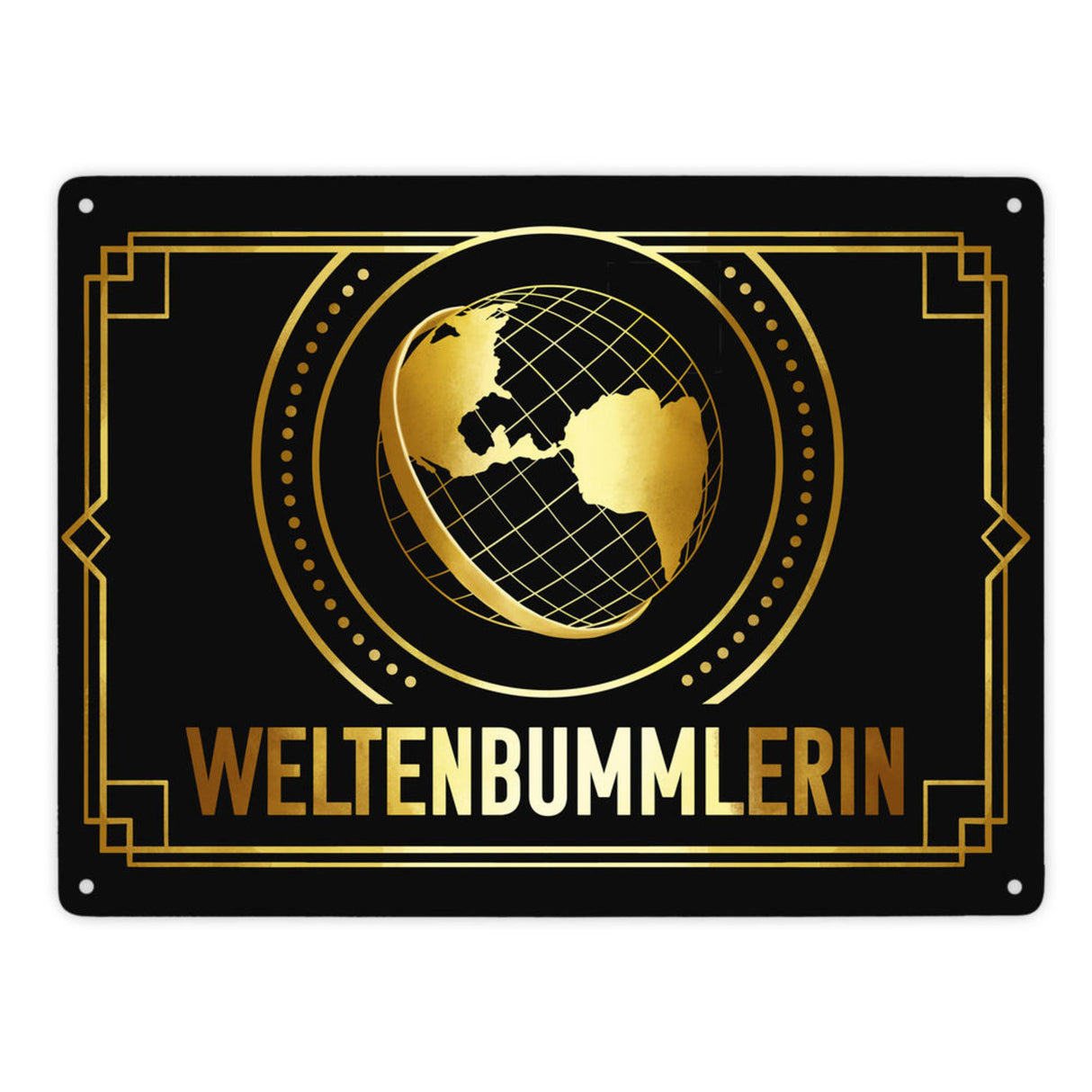 Weltenbummler Metallschild mit goldenem Globus und Reisemotiv