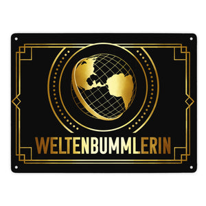 Weltenbummler Metallschild mit goldenem Globus und Reisemotiv