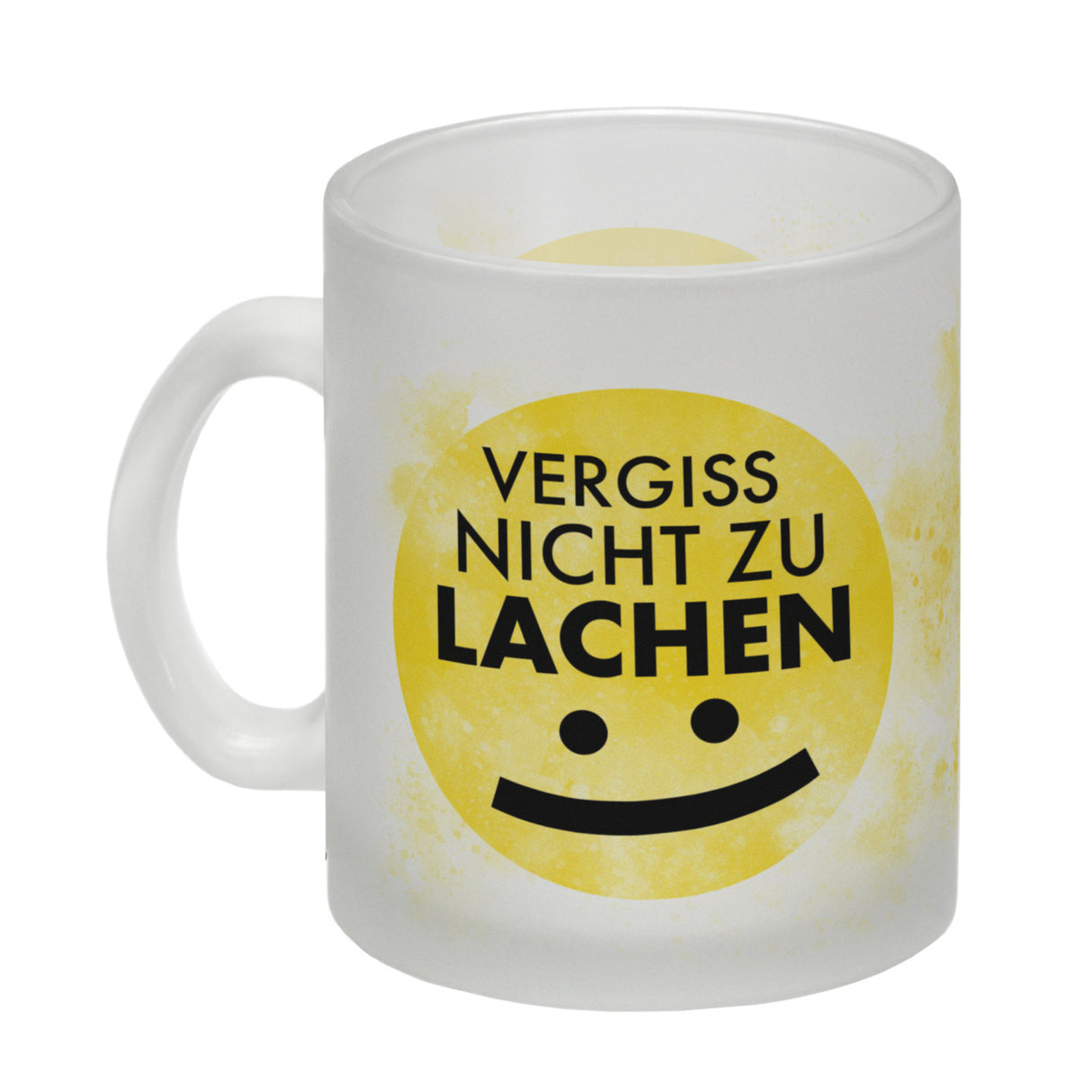 Vergiss nicht zu lachen Kaffeebecher gelbem Gesicht