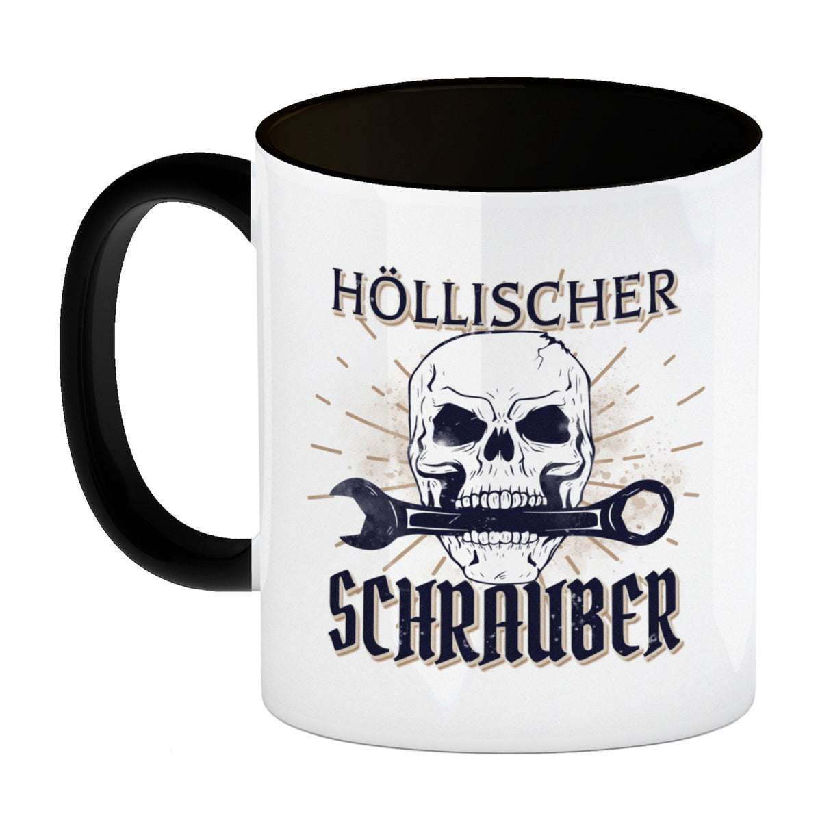 Höllischer Schrauber Kaffeebecher mit Totenkopf und Schraubenschlüssel Motiv