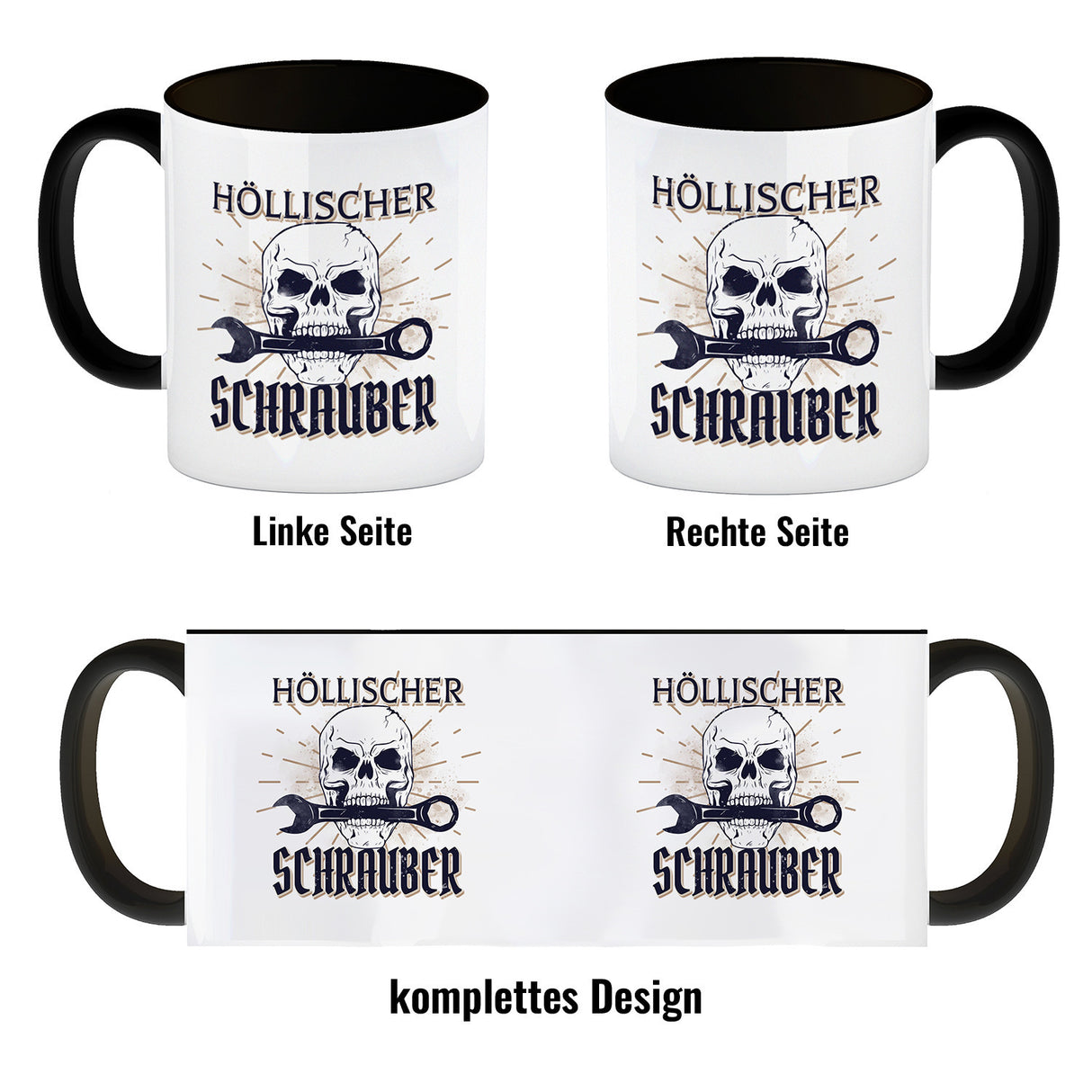 Höllischer Schrauber Kaffeebecher mit Totenkopf und Schraubenschlüssel Motiv