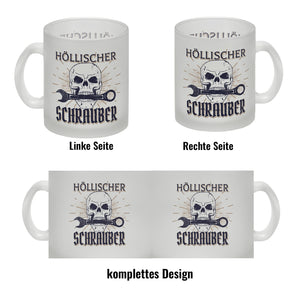 Höllischer Schrauber Kaffeebecher mit Totenkopf und Schraubenschlüssel Motiv
