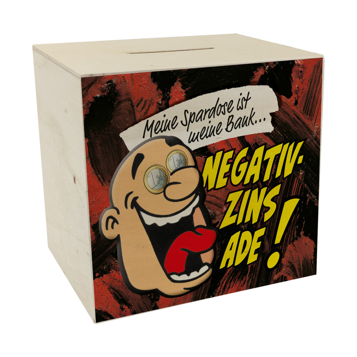 Spardose zum Thema Negativzins mit Comic-Motiv