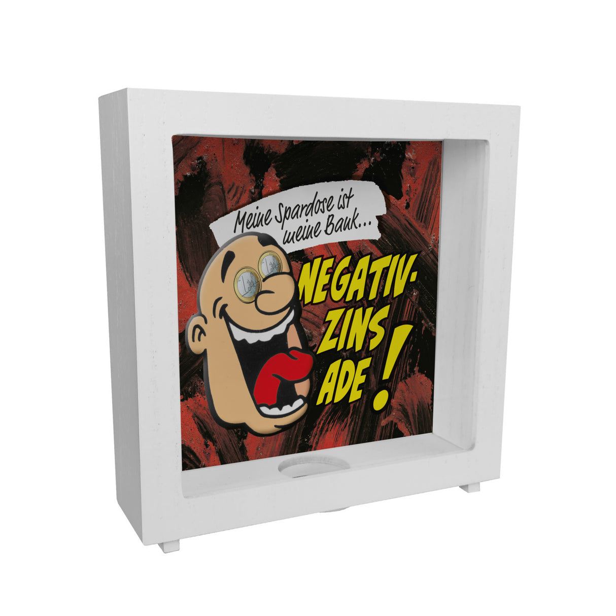 Spardose zum Thema Negativzins mit Comic-Motiv