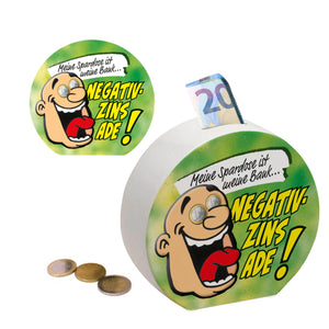 Spardose zum Thema Negativzins mit Comic-Motiv