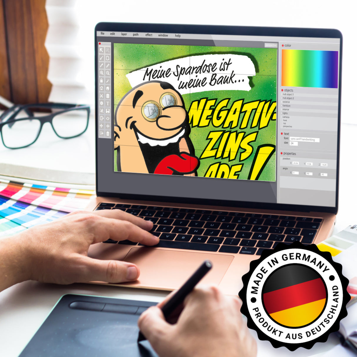 Spardose zum Thema Negativzins mit Comic-Motiv