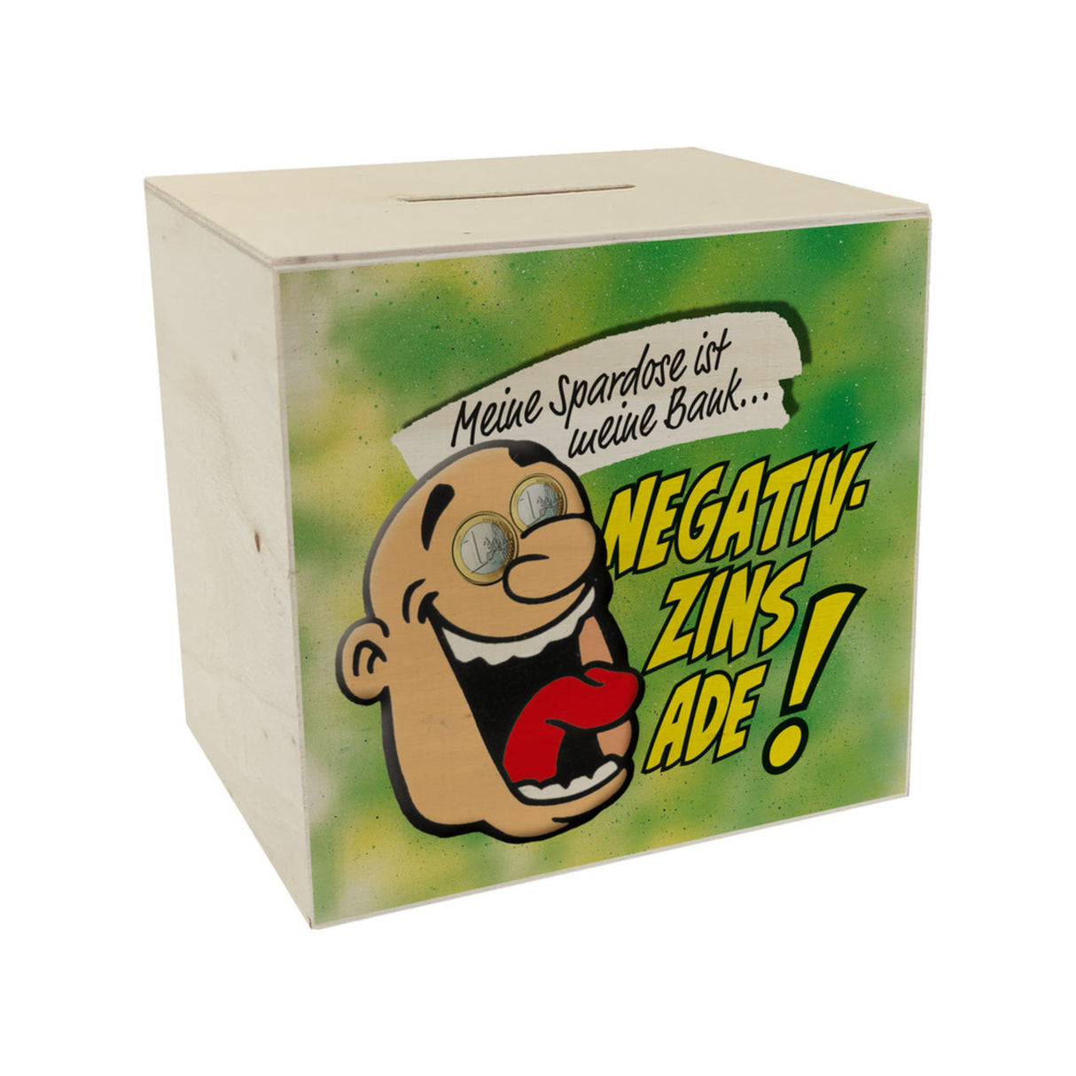 Spardose zum Thema Negativzins mit Comic-Motiv