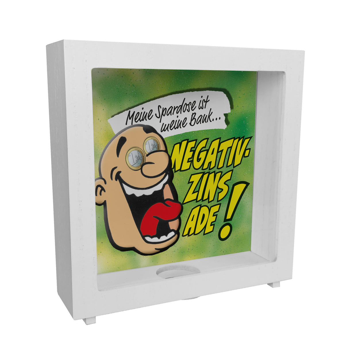 Spardose zum Thema Negativzins mit Comic-Motiv