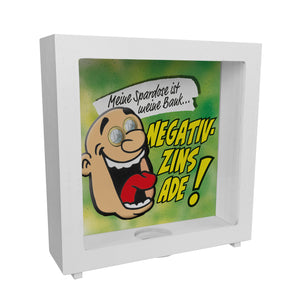 Spardose zum Thema Negativzins mit Comic-Motiv