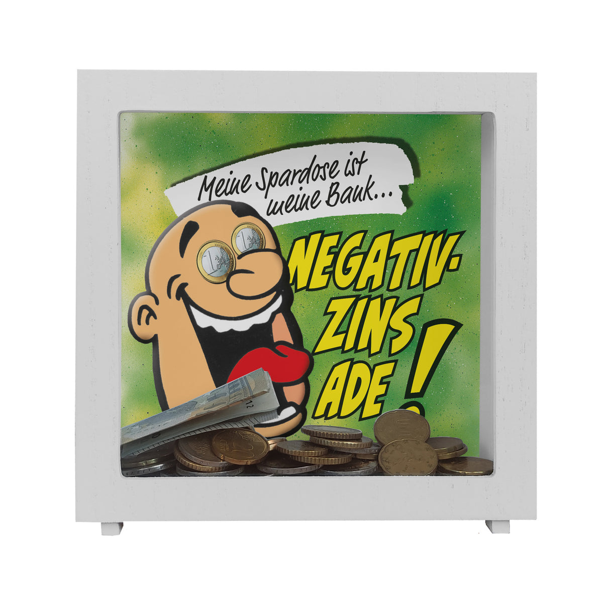 Spardose zum Thema Negativzins mit Comic-Motiv