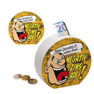 Spardose zum Thema Negativzins mit Comic-Motiv