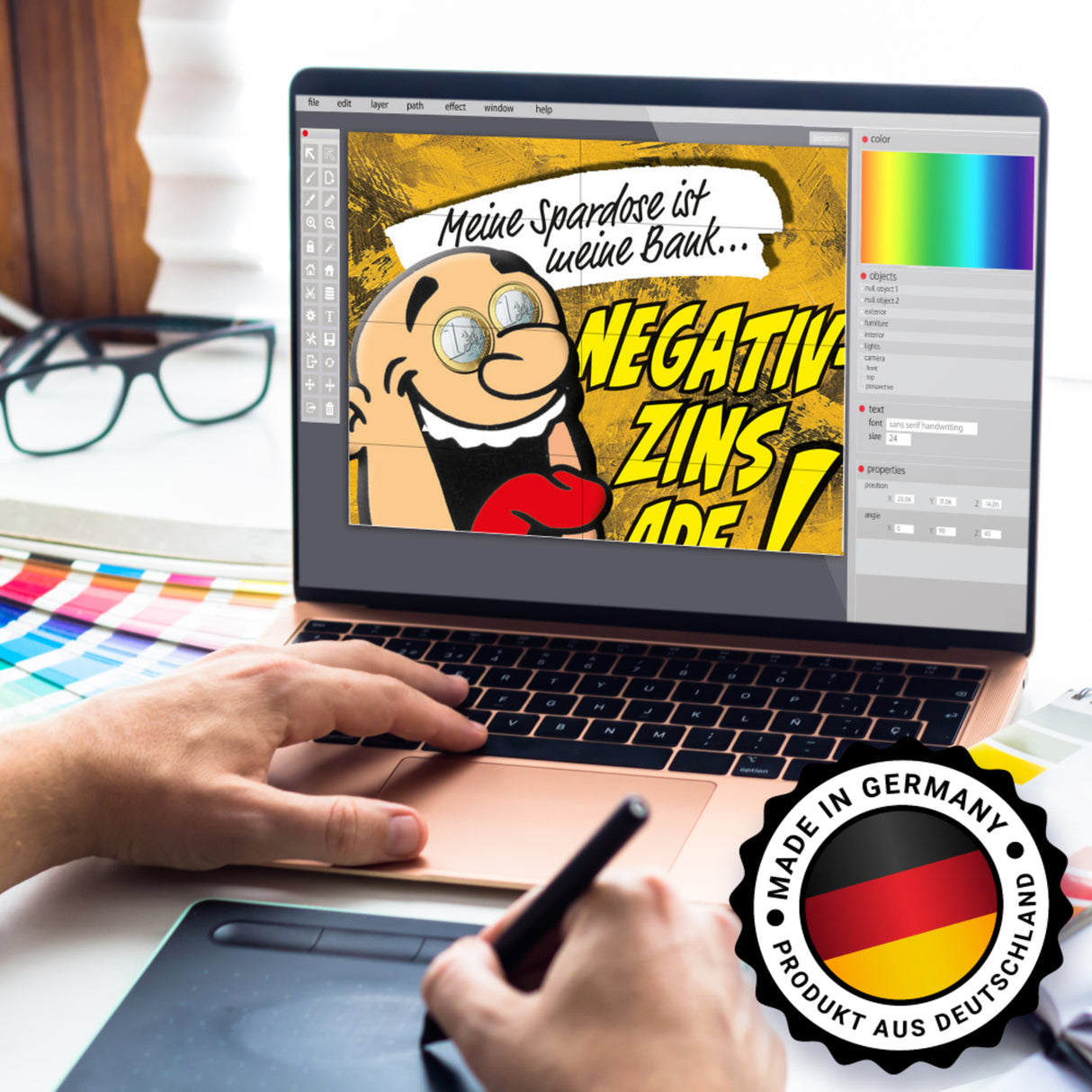 Spardose zum Thema Negativzins mit Comic-Motiv